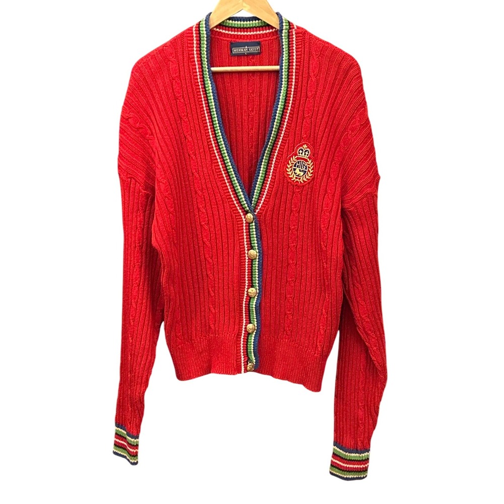 90s Herman Geist Cardigan Sweater Collegiate Preppy Old Money Red V-Neck L